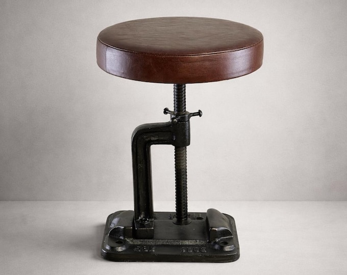 Vice Clamp Adjustable Stool | Cast Iron Industrial Seat | Leather Top
