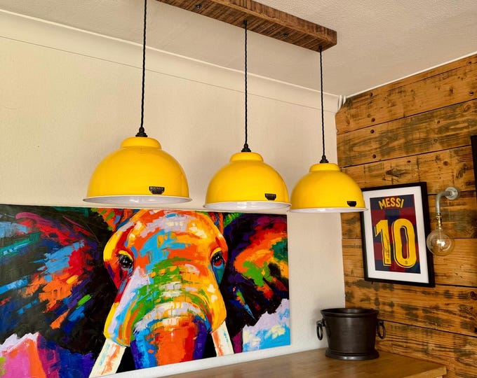 Morely XL ~ 3 x Summer Yellow Lampshade Pendant Set Wooden Track Light | Dining Room | Kitchen Table