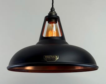 Cawston XL ~ Matt Black & Antique Copper Lampshade Slotted Design Pendant Ceiling Light ~ 14 Inch