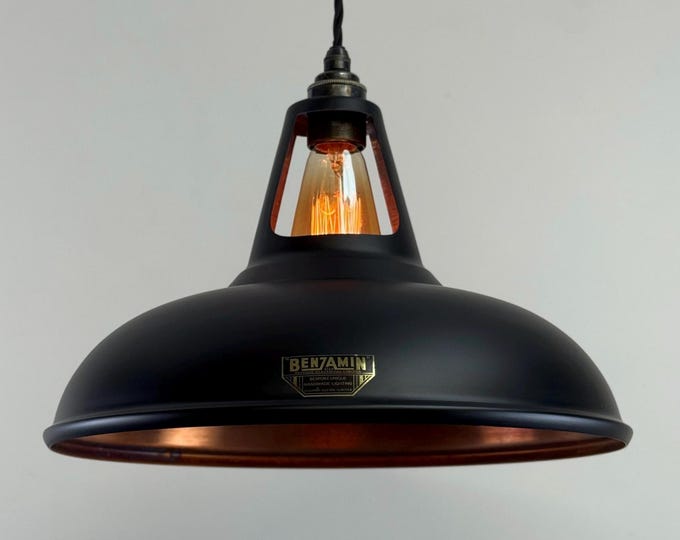 Cawston XL ~ Matt Black & Antique Copper Lampshade Slotted Design Pendant Ceiling Light ~ 14 Inch