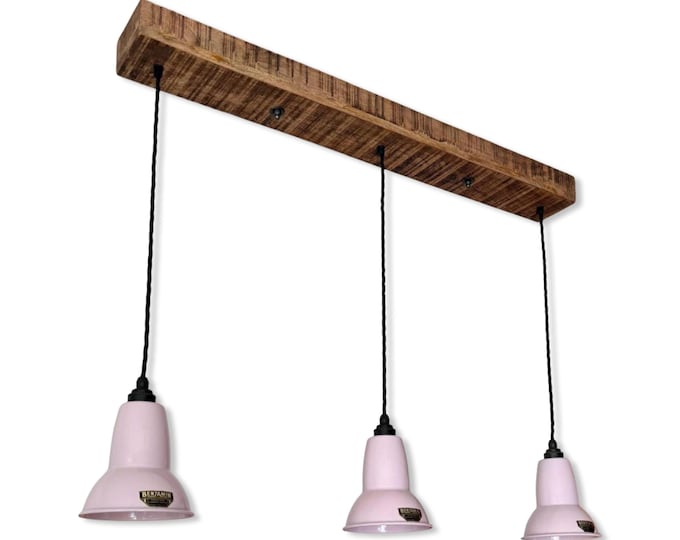 Alby ~ 3 x Rose Pink Lampshade Pendant Set Wooden Track Light | Dining Room | Kitchen Table