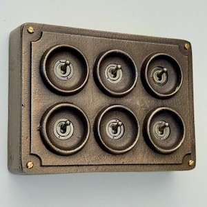 6 Gang 2 Way Antique Brass Solid Cast Metal Conduit Light Switch | Vintage Crabtree Style