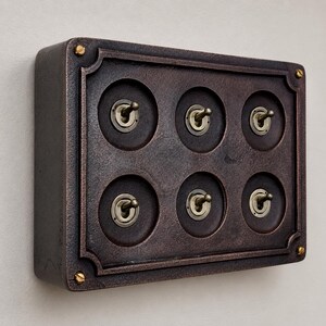 6 Gang 2 Way Antique Copper Toggle Light Switch | Solid Cast Metal Conduit Style
