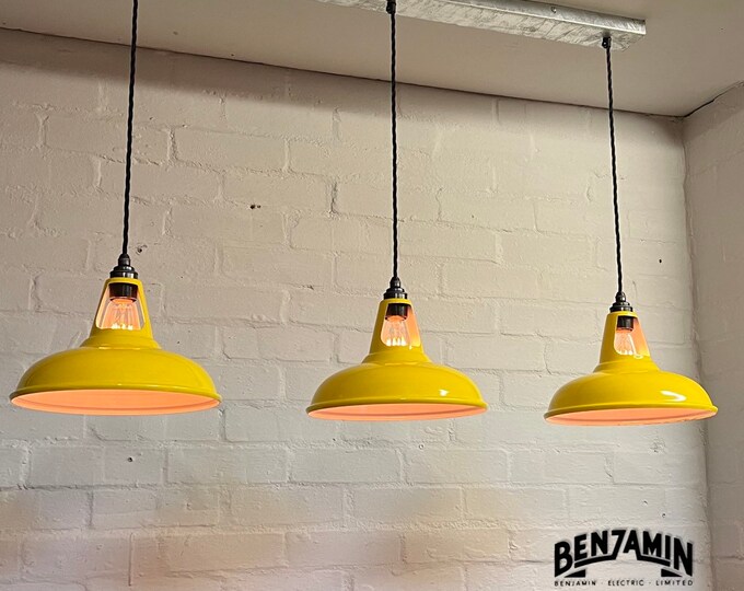 Cawston ~ Yellow 3 x Solid Shade 1932 Design Pendant Set Galvanised Track Light | Dining Room | Kitchen Table | Vintage