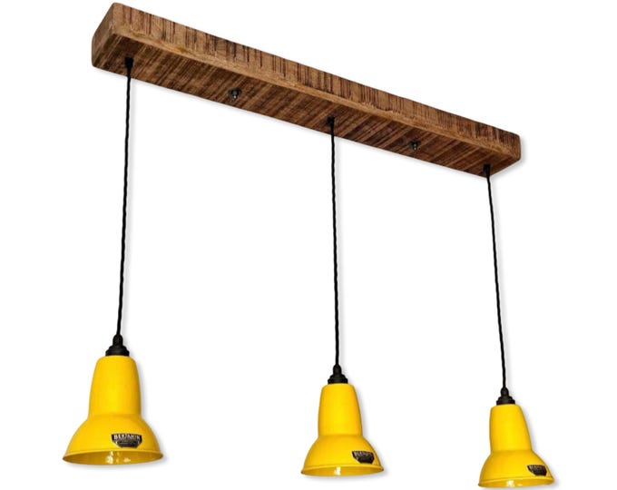 Alby ~ 3 x Summer Yellow Lampshade Pendant Set Wooden Track Light | Dining Room | Kitchen Table