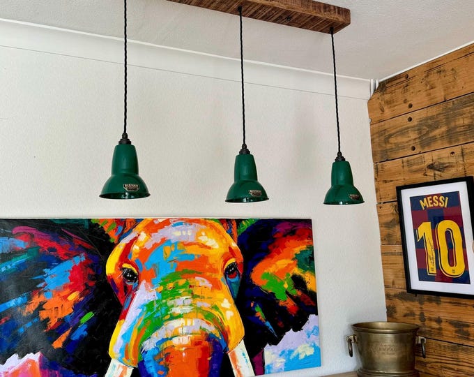 Alby ~ 3 x Racing Green Lampshade Pendant Set Wooden Track Light | Dining Room | Kitchen Table