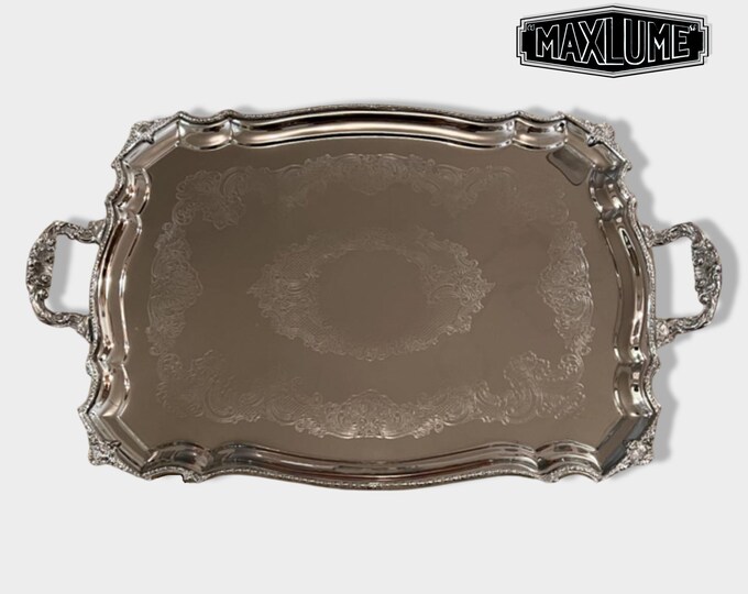 Art Nouveau Solid Victorian Style Silver Finish Serving Cater Tray Mirror Finish by Maxlume