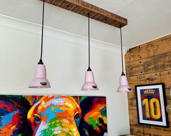 Alby ~ 3 x Rose Pink Lampshade Pendant Set Wooden Track Light | Dining Room | Kitchen Table