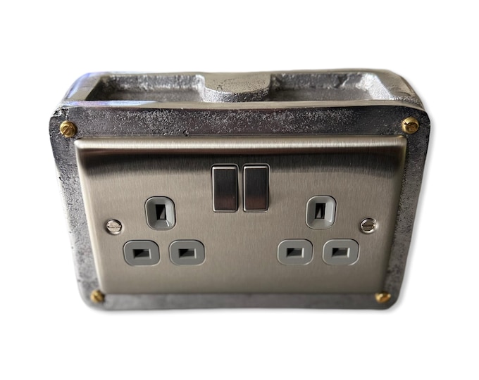 Brushed Steel Double Switched 13A Power Socket Grey Insert 230V 2 Gang 2G Socket Cast Metal Conduit Switch Industrial - BS EN Approved