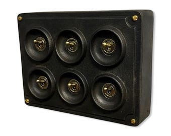 6 Gang 2 Way Black Zinc Solid Cast Metal Conduit Light Switch Industrial - BS EN Approved Vintage Crabtree 1950’s Style