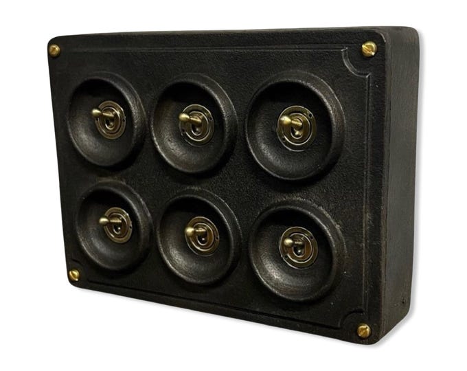 6 Gang 2 Way Black Zinc Solid Cast Metal Conduit Light Switch Industrial - BS EN Approved Vintage Crabtree 1950’s Style
