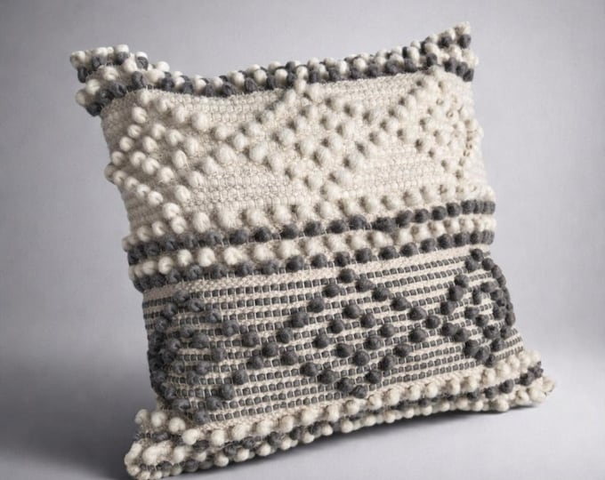 Handwoven Textured Pom-Pom Cushion Cover - Cream & Charcoal Grey - Boho Neutral Pillow 16x16