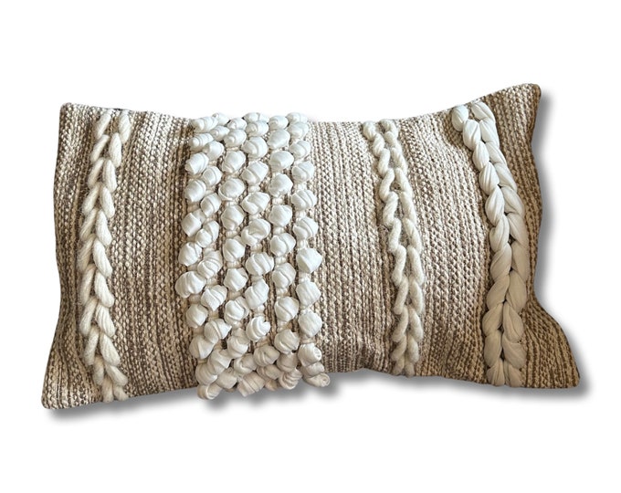 Luxury Beige Boho Cushion 12 x 20 | Woven Wool Cover | Plait Detail | Braided Pillow | Comes Filled by Maxlume