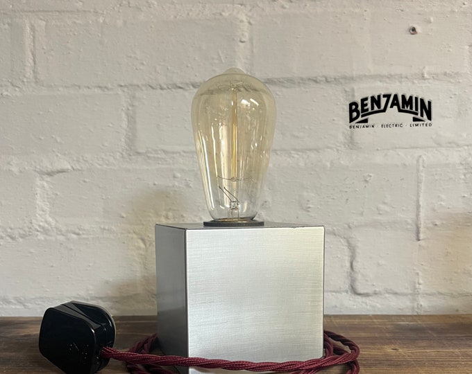 Square Pewter Bedside Lamp | Fabric Cable | Bedroom | Table Light | Vintage Retro 1 x Edison Filament Bulb