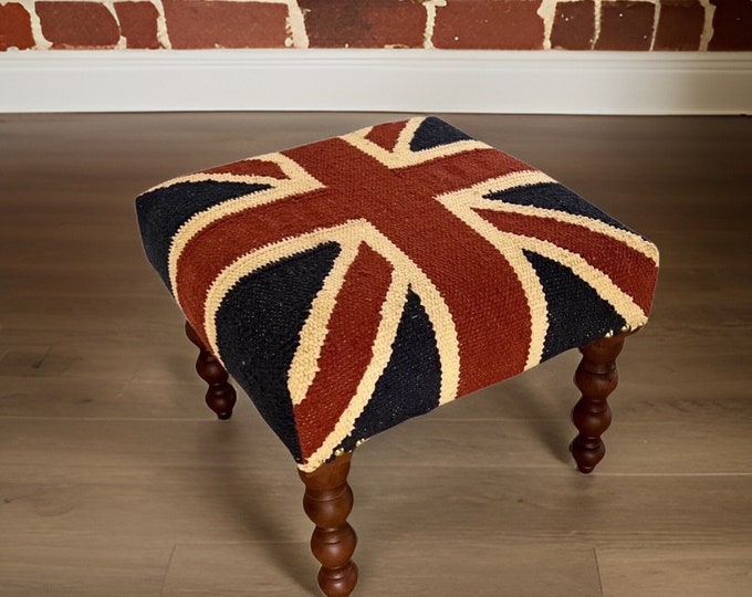 Union Jack Flag Bench | Great Britain | Foot Rest Pouf Solid Base | Vintage Style | Floor Standing | Man Cave Stool Jubilee