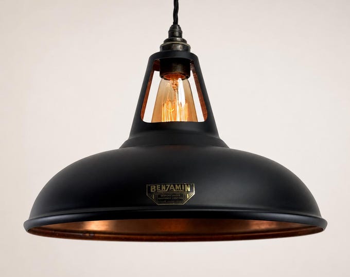 Cawston XL Matt Black & Antique Copper Coolicon Lampshade Pendant Light - 14 Inch