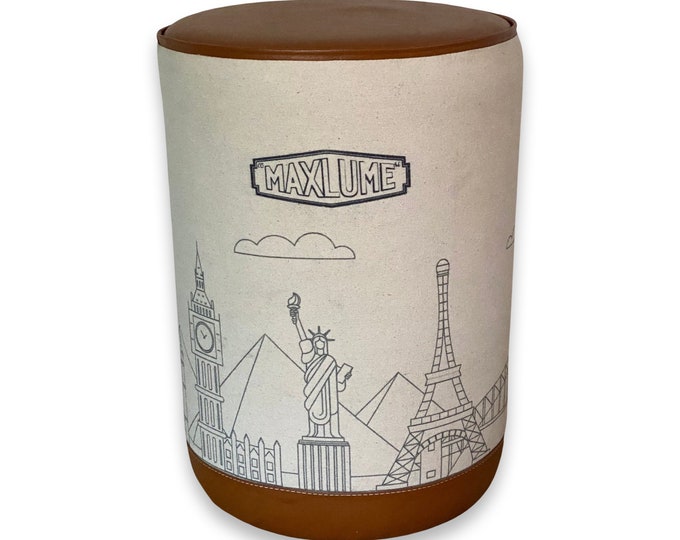 Pouffe ‘Wonders Of The World’ Pouf Solid Base Genuine Leather | Vintage Style | Floor Standing | Man Cave Stool