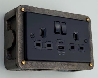 Matt Black Double Gang Plug Socket with Industrial Antique Brass Back Conduit Box