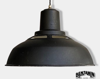 Geniune Black Solid Benjamin Saflux Shade 1940’s Pendant Set Light | Ceiling Dining Room | Kitchen Table | Vintage Filament Bulb