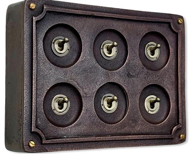 6 Gang 2 Way Antique Copper Solid Cast Metal Conduit Light Switch Industrial - BS EN Vintage Crabtree 1950’s Style