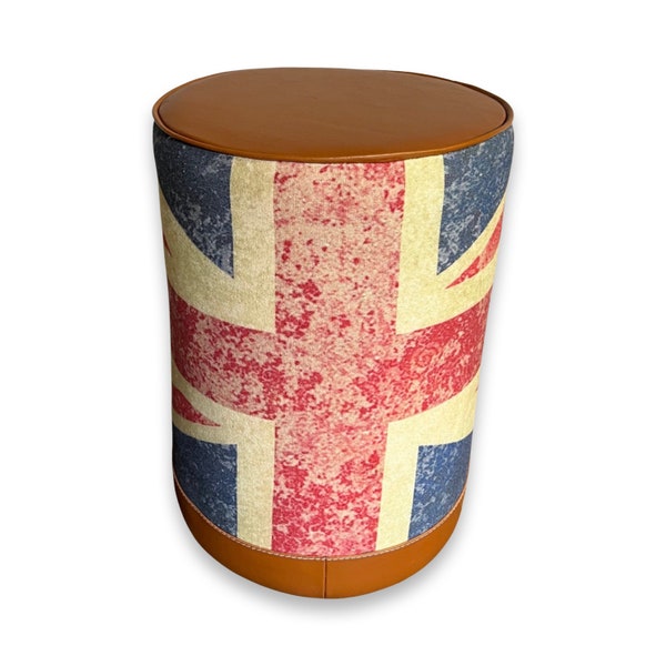 Maxlume ~ Union Jack Flag | Great Britain | Pouf Solid Base Genuine Leather | Vintage Style | Floor Standing | Man Cave Foot Stool