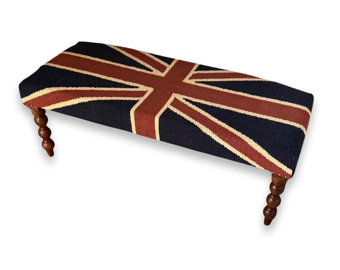 Union Jack Flag Bench Ottoman | Great Britain | Pouf Solid Base | Vintage Style | Floor Standing | Man Cave Stool