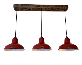 Filby ~ 3 x Red Lampshade Pendant Set Wooden Track Light | Dining Room | Kitchen Table