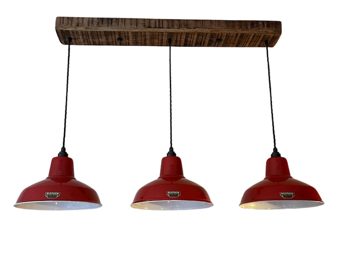 Filby ~ 3 x Red Lampshade Pendant Set Wooden Track Light | Dining Room | Kitchen Table