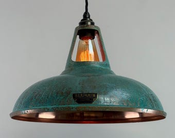 Cawston XL - Solid Copper Verdigris Patina Slotted Lampshade Pendant Set Light - 14 Inch