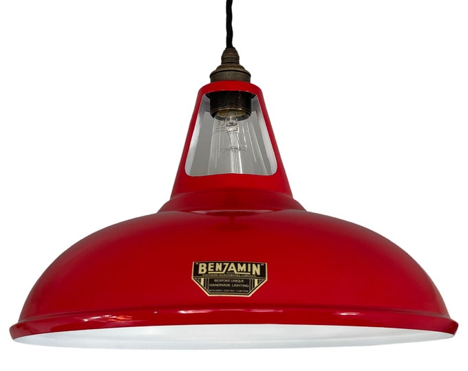 Cawston XL ~ **Worn** British Red Solid Shade Slotted Design Pendant Set Light ~ 14 Inch