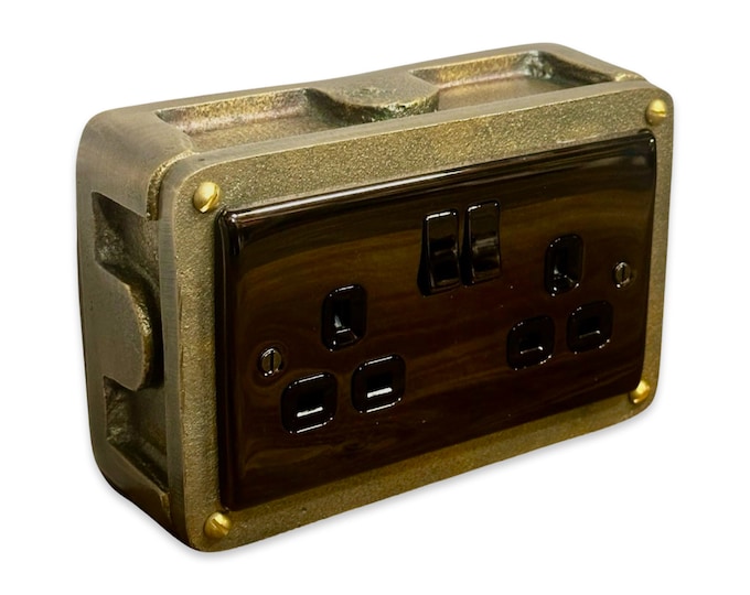 Black Nickel Double Switched 13A Power Socket 230V 13A 2 Gang 2G  Solid Metal Antique Brass Conduit Switch Industrial - BS EN Approved