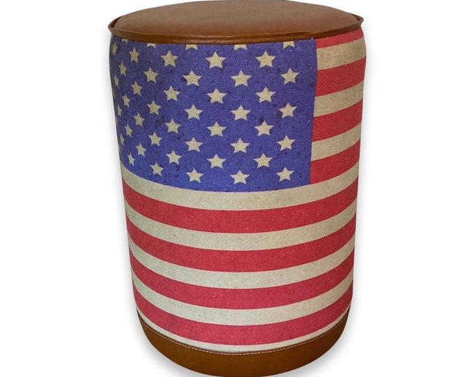 Stars & Stripes Flag Of The United States USA Pouf Solid Base Genuine Leather | Vintage Style | Floor Standing | Door Stop pouffe