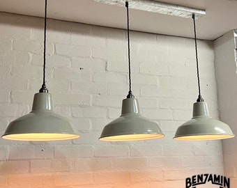 Filby ~ 3 x Grey Shade RLM 1921 Design Pendant Set Galvanised Track Light | Dining Room | Kitchen Table | Vintage