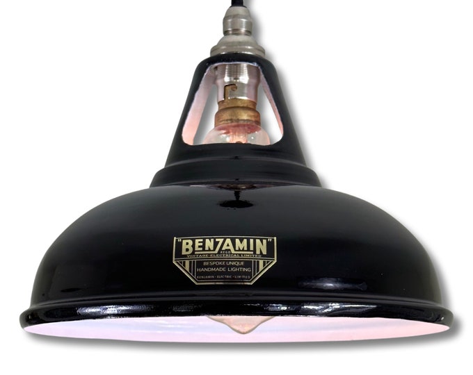 Cawston Small ~ **Worn** Gloss Black Solid Shade 1932 Design Pendant Set Light | Ceiling Dining Room | Kitchen Table | 9 Inch