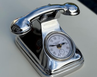 Vintage Chrome Telephone Desk Clock - Art Deco French Style Retro Timepiece