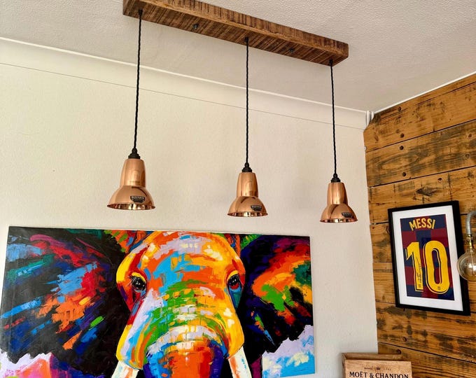 Alby ~ 3 x Solid Copper Lampshade Pendant Set Wooden Track Light | Dining Room | Kitchen Table