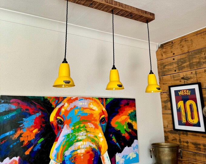 Alby ~ 3 x Summer Yellow Lampshade Pendant Set Wooden Track Light | Dining Room | Kitchen Table