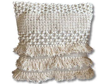 Maxlume ~ 16x16 Beige Boho Cushion, Woven Wool Cover, Plait Detail, Braided Pillow, Comes Filled