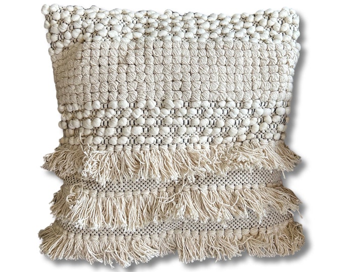 Maxlume ~ 16x16 Beige Boho Cushion, Woven Wool Cover, Plait Detail, Braided Pillow, Comes Filled