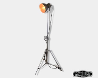 Watton ~ Industrial Tripod Floor Lamp Theatre Spot Light Living Room Vintage