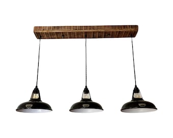 Cawston ~ 3 x Black Lampshade Pendant Set Wooden Track Light | Dining Room | Kitchen Table
