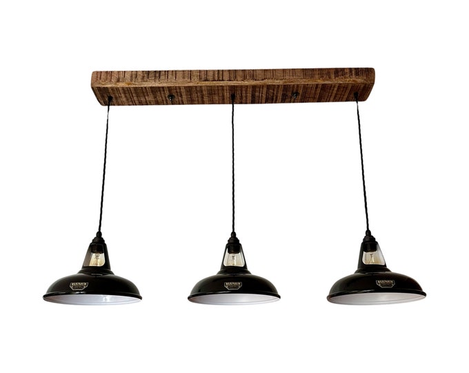 Cawston ~ 3 x Black Lampshade Pendant Set Wooden Track Light | Dining Room | Kitchen Table