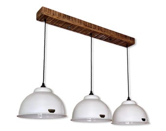 Morely XL ~ 3 x Linen White Lampshade Pendant Set Wooden Track Light | Dining Room | Kitchen Table