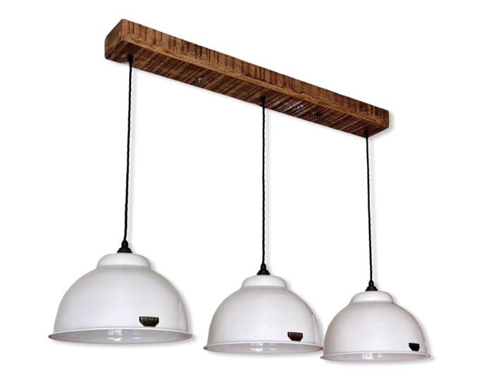 Morely XL ~ 3 x Linen White Lampshade Pendant Set Wooden Track Light | Dining Room | Kitchen Table