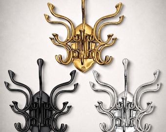 Metal Swivel Coat Rack | 5 Hook Wall Hanger | Solid Brass, Black or Chrome