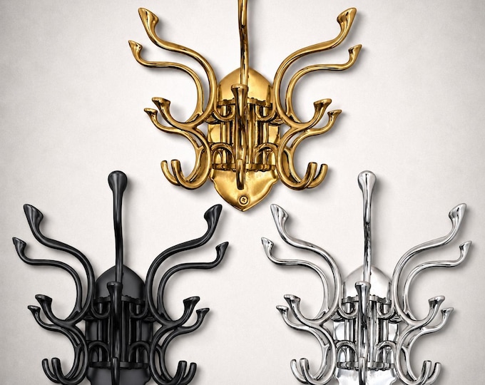Metal Swivel Coat Rack | 5 Hook Wall Hanger | Solid Brass, Black or Chrome