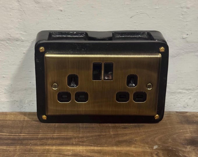 Black Double Switched Antique Brass 13A Power Socket 230V 13A 2 Gang 2G  Solid Cast Metal Conduit Switch Industrial - BS EN Approved