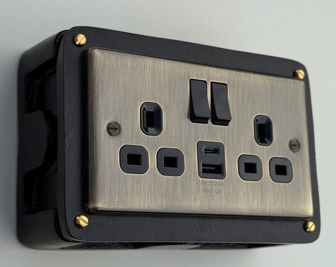 Antique Brass Double Gang Plug Socket with Industrial Black Cast Back Conduit Box