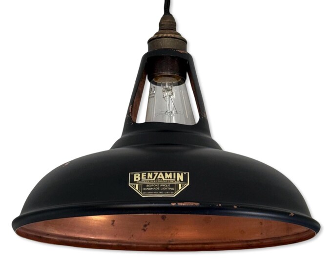 Cawston ~ Matt Black & Antique Copper Lampshade Slotted Design Pendant Ceiling Light ~ 11 Inch