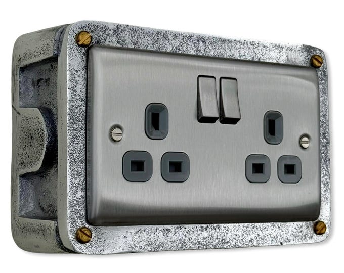 Brushed Steel Double Switched 13A Power Socket Grey Insert 230V 2 Gang 2G Socket Cast Metal Conduit Industrial